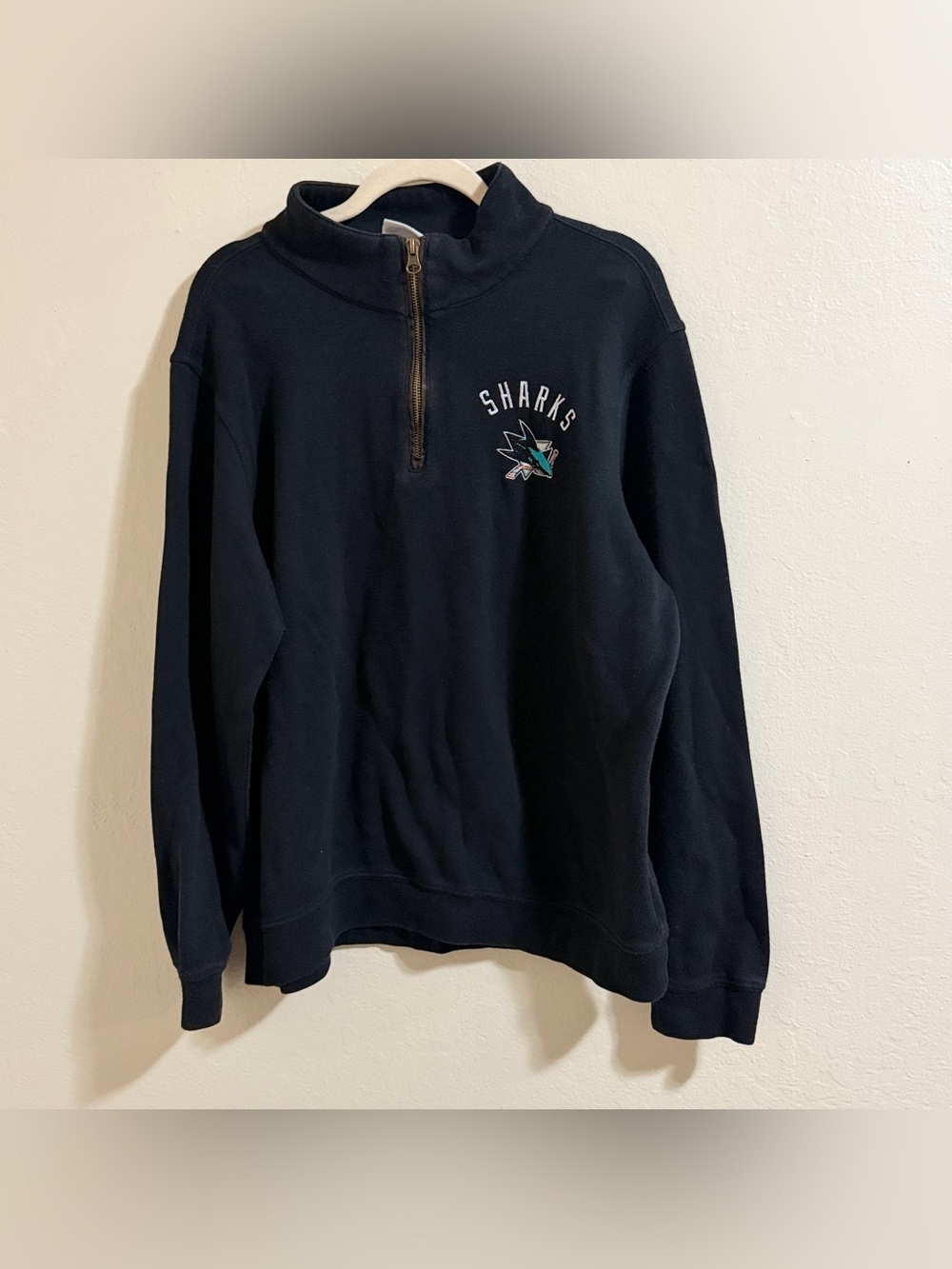 San Jose Sharks Quarter Zip Pullover Sweatshirt Black Vintage NHL Hockey Size L